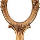 Nerien Vintage Handheld Mirror, Vanity Makeup Mirror with Handle, Antique Embossed Rose Princess Hand Mirror for Women, Portable Travel Packet Compact Mirrors, Decorative Cosmetic Handle Mirrors, Gold