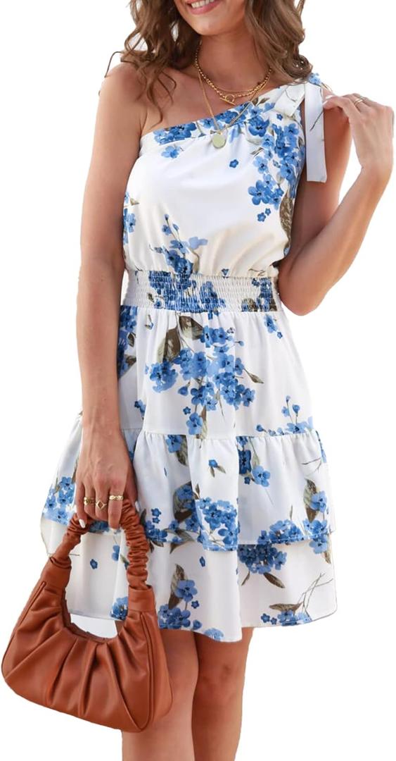 PRETTYGARDEN Women's Summer Tie One Shoulder Boho Floral Dress Elastic Waist Tiered Ruffle A Line Flowy Mini Dresses (Print White), Size: Small PRETTYGARDEN Women's Summer Tie One Shoulder Boho Floral Dress Elastic Waist Tiered Ruffle A Line Flowy Mini Dresses (Print White), Size: Small