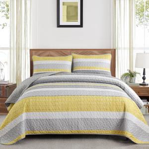 Quilt Set Queen Size, 3 Piece Fall Patchwork Striped Bedding Set, Lightweight Soft Microfiber Bedspreads Coverlets Set with 2 Pillow Shams,Yellow and Grey and White Queen Size Quilts for All Season