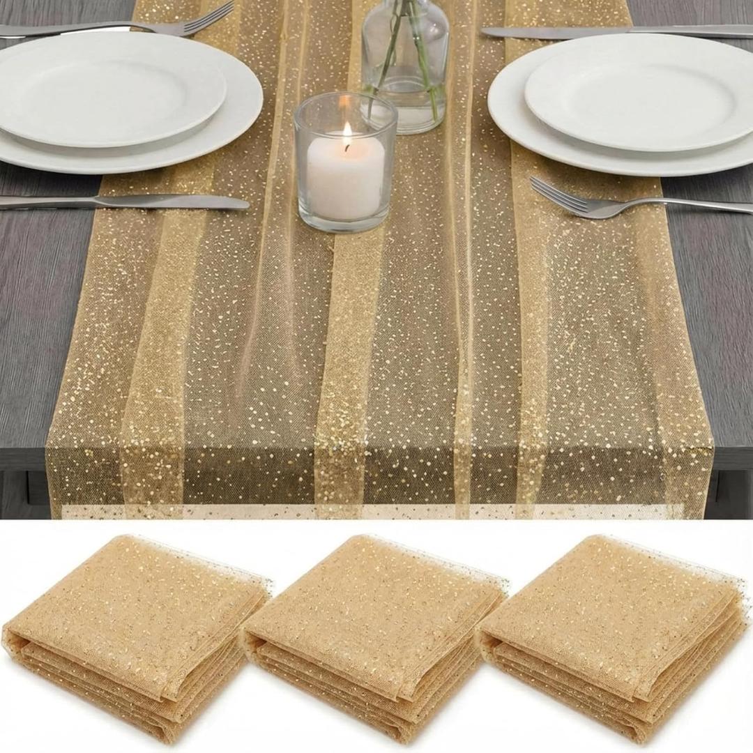 3 Pcs First Communion Decorations Gauze 10 ft Table Runner Glitter Metallic Foil Sheer Tulle Chiffon Cheesecloth Sequin Table Runner for Wedding Party Anniversary Birthday (Gold)