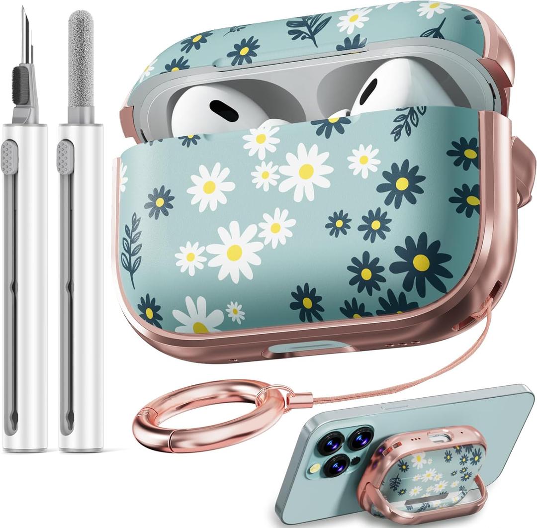 Inesore for AirPods Pro 2nd Generation Case Cover with Lock, Flowers Cute Air Pods Pro 2 Case Hard iPod Pro Cases for Women Girls with Cleaner Kit (2023 USBC /2022/2019)  Green Daisy