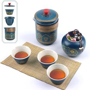 Ceramic Kungfu Tea Sets, Portable Chinese Travel Tea Set with Tea Pot, Tea Canister, 3 Cups & Travel Bag Suitable for Travel Home Outdoor Office (Blue)