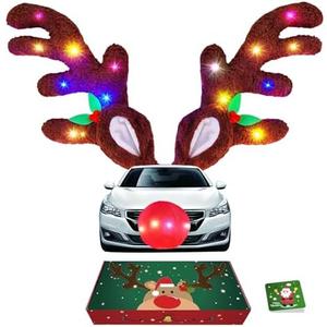 IC ICLOVER Reindeer Antlers for Cars with LED Lights, Car Reindeer Antlers & Red Nose, Glowing LED Reindeers Costume Kit, Car Christmas Decorations Xmas Gifts for Most Vehicles SUV MPV Van Truck