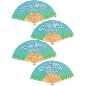 4 Pack Handheld Folding Fans with Funny Italian Quote Ecological Air Conditioning, Blue Green Ombre Fabric & Bamboo Hand Fan, Eco-Friendly Summer Cooling Tool for Travel, Beach & Party Favors
