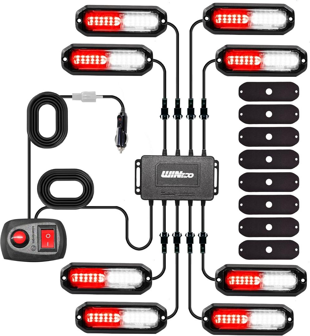 WINECO 8PCS LED Strobe Lights 12V Sync Feature Red White 12LED Emergency Hazard Warning Lights with Strobe Controller for Trucks Vehicles ATV RV Cars Van