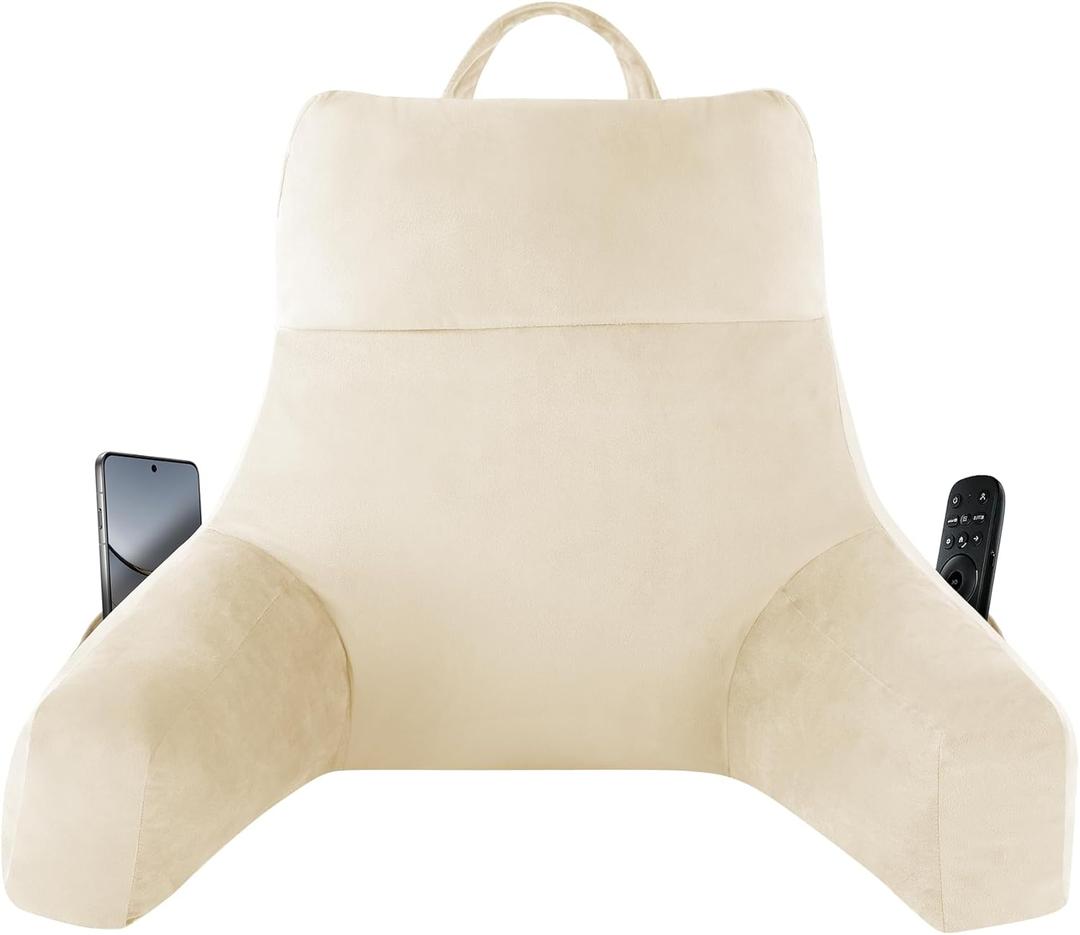 IPYNBAP Reading Pillow with Arms for Adult, Back Pillow for Bed Sitting Up, Shredded Memory Foam Backrest Pillow with Pockets & Removable Washable Cover, Lounging, Watching TV, Reading (20" Beige)