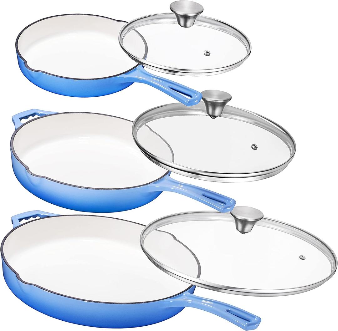 Bruntmor Pre-Seasoned Cast Iron Frying Pan Set - 8, 10, 12 Inch Blue Enamel Nonstick Skillets with Tempered Glass Lid - Oven Safe Egg and Grill Pan Set for Cooking, Searing, and Frying