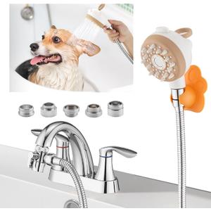 Dog Shower Attachment to Bathroom, Bathtub, Kitchen& Laundry Faucet Washing, High Pressure Pet Wash Cleaning Sprayer with Finger Clasp Bath Brush, 4ft Hose, Shower Holder, Sink or Indoor