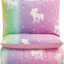 3-Piece Unicorn and Stars Glow in The Dark Comforter Set, with 1 Full Bed Size Comforter and 2 Standard Pillowcases, Rainbow Colors, Pink, Multicolored, for Kids, Full