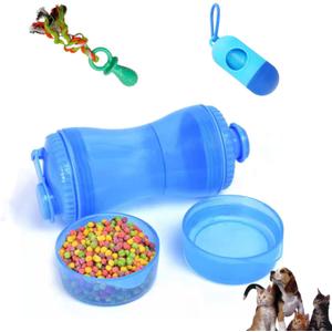 2 x Pets Water Bottle with Food Container,Travel Puppy Water Bowl,Portable Pet,Dispenser,Dog Stuff Accessories Items,Cat Walking and Hiking Dog Gift,with 1DogPoop Bags;1 Pet Toys 3PCS
