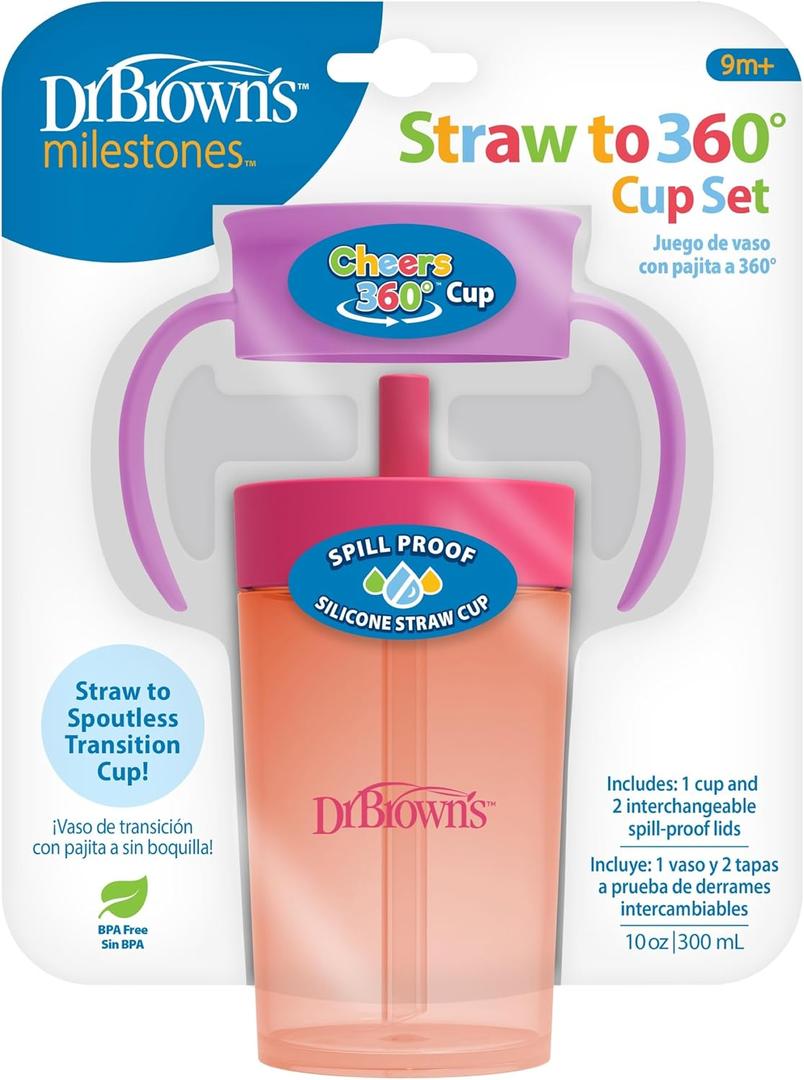 Dr. Brown's Milestones Straw to 360 Convertible Toddler Training Cup Set, 10 oz/300 mL, Interchangeable Silicone Straw and 360 Lids, Pink Coral, BPA-Free, 9m+, 1-Pack