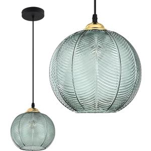 KCO Lighting Single Green Glass Pendant Light Large Globe Pendant Lighting Nordic Ribbed Ceiling Hanging Chandelier Light Vintage Dining Room Kitchen Island Light Fixture