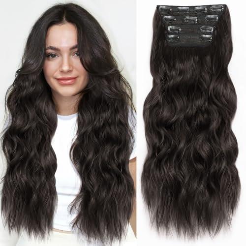 ALXNAN Clip in Long Wavy Synthetic Hair Extension 24 Inch Black Brown 4PCS Thick Hairpieces Fiber Double Weft Hair for Women