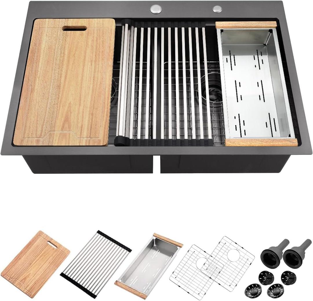 33x22 Black Drop In Double Bowl Kitchen Sink, 33x22x10 Inch 16 Gauge Black Stainless Steel 50/50 Double Workstation Sink with Accessories, 33 Inch Drop In Double Basin Sink with Cutting Board