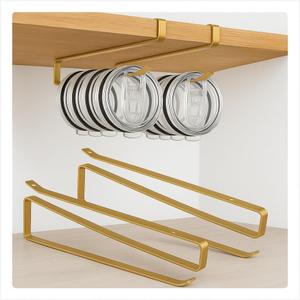 2 Pack Gold Tumbler Lid Organizer  Horizontal Stanley Lid Storage Hooks for 10 Lids  Under Cabinet Space-Saving Coffee Cup & Paper Towel Holder  Kitchen Hanging Rack