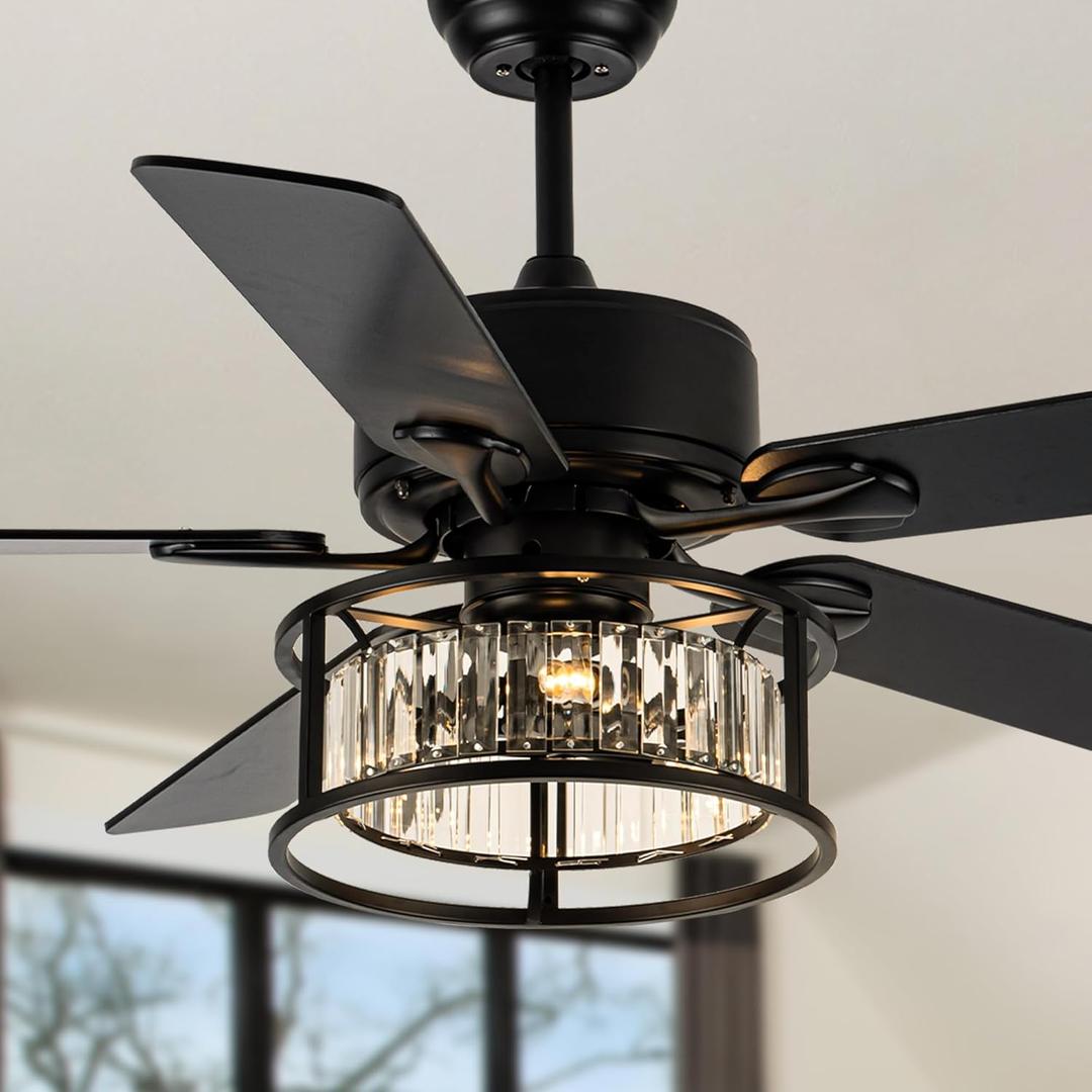 52 Inch Chandelier Ceiling Fans with Lights and Remote Quiet and Reversible DC Motor Black Caged Modern Ceiling Fan for Bedroom Living Room