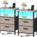 Vagusicc Night Stand Set 2, LED Nightstand with Charging Station, Bedside Table with USB Ports & Outlets, 24.2" Tall End Table with open Shelf, Bed Side Table with 2 Fabric Drawers for Bedroom, Greige