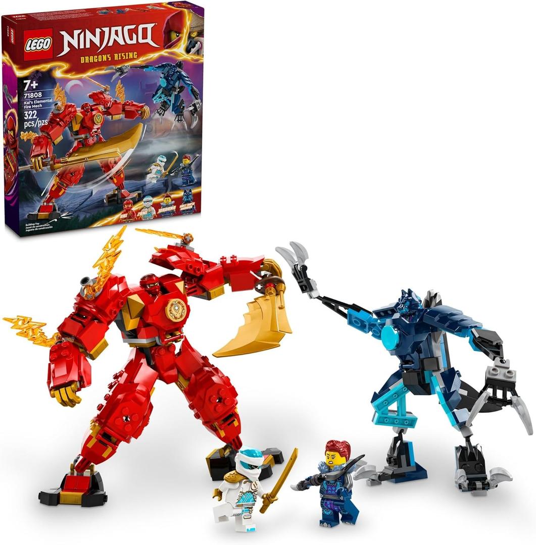 LEGO NINJAGO Kais Elemental Fire Mech Action Figure, Mini Ninja Toy for Kids with Customizable Red Ninja Figure Plus Kai and Zane Minifigures, Adventure Set for Boys and Girls Ages 7 and Up, 71808