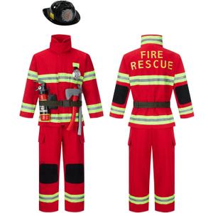 Kosgraiy Firefighter Costume for Kids, Red Fireman Costume for Boy and Girl, Kids Fire Chief Outfit, Halloween, 9pcs, Size M for Children 4-6Years