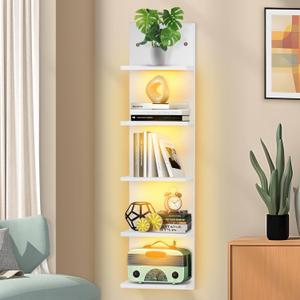 5 Tier Display Shelf Case with Light LED Wall Mount Vertical Lack Shelf with LED Wall Decor Floating Shelves for Bedroom Living Rooms Book Gaming Shelves Supports USB White