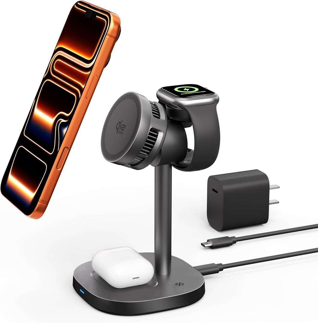 3-in-1 Wireless Charging Station, Qi2.2 25W Fast Charge with Cooling Fan (On/Off), for iPhone 1712/Apple Watch/AirPods, Includes 45W Adapter  Great for Desk & Live Streaming