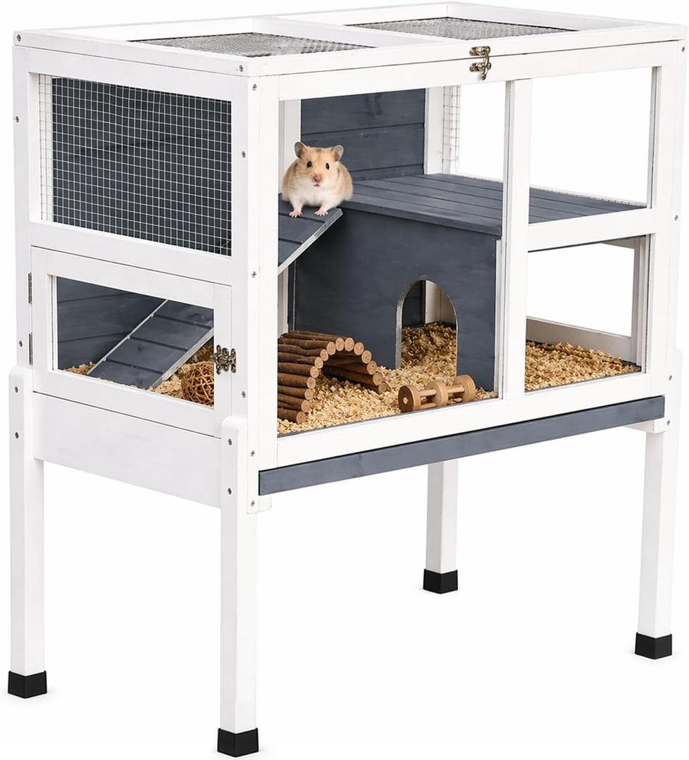 2-Story Guinea Pig Cage with Stand, Indoor Wooden Hamster Cage with Ramp, Pull-Out Tray, Hideout & Platform, Acrylic Transparent Small Animal Habitat for Chinchillas, Ferrets, Hedgehogs,Grey