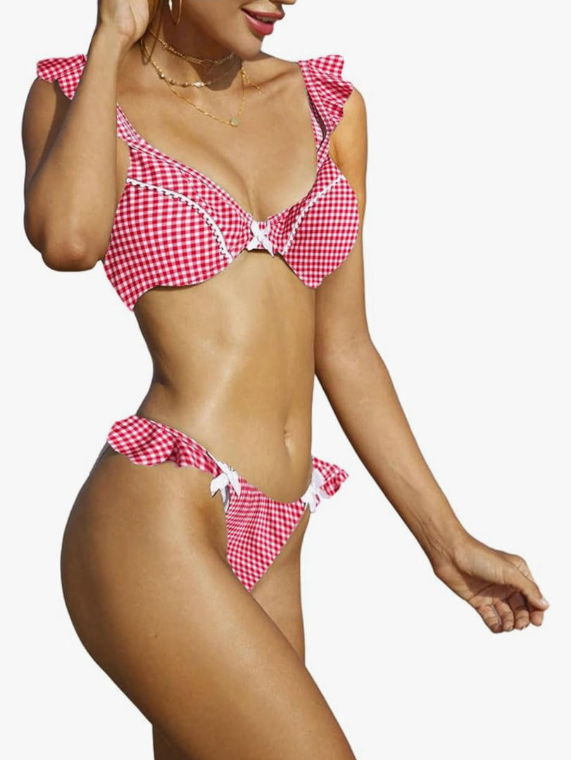 Women's 2 Piece Plain Bikini Set V Neck Ruffle Trim Bow Triangle Set High Cut Bikini Swimsuit Bathing Suit Beachwear S