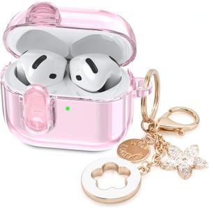 (with Safety Lock) Clear Case Compatible with Cute Apple Airpods 4 Cases 2024 Women, VISOOM Soft TPU Transparency Air pods 4 Gen Cases iPods 4 Earbuds Case Girl Bling Keychain for Airpod iPod 4th Gen, Pink