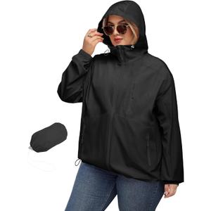 Avoogue Plus Size Womens Rain Jacket with Hood Waterproof Raincoats Lightweight Packable Outdoor Trench Coat 3XL (Black)