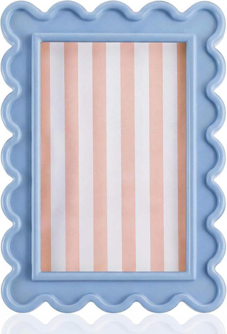 4x6 Inches Haze Blue Flower Wavy Picture Frame Cute Wavy Edge Wooden Real Glass Photo Frame for Desktop Display Home Decor Family Friends Wedding Graduation Gifts