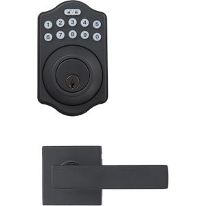 Amazon Basics Traditional Electronic Keypad, Keyless Entry Door Lock Deadbolt with Handle Set, Easy Installation, Matte Black