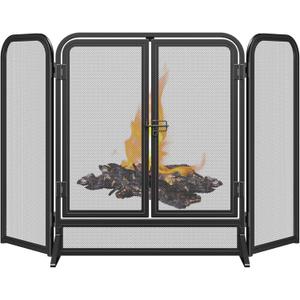 Mr IRONSTONE 3 Panel Fireplace Screen 51.5" W x 32.5" H Modern Foldable with Wrought Metal Decorative Mesh, Heavy Duty Fire Spark Guard Cover for Home Decor Indoor, Black