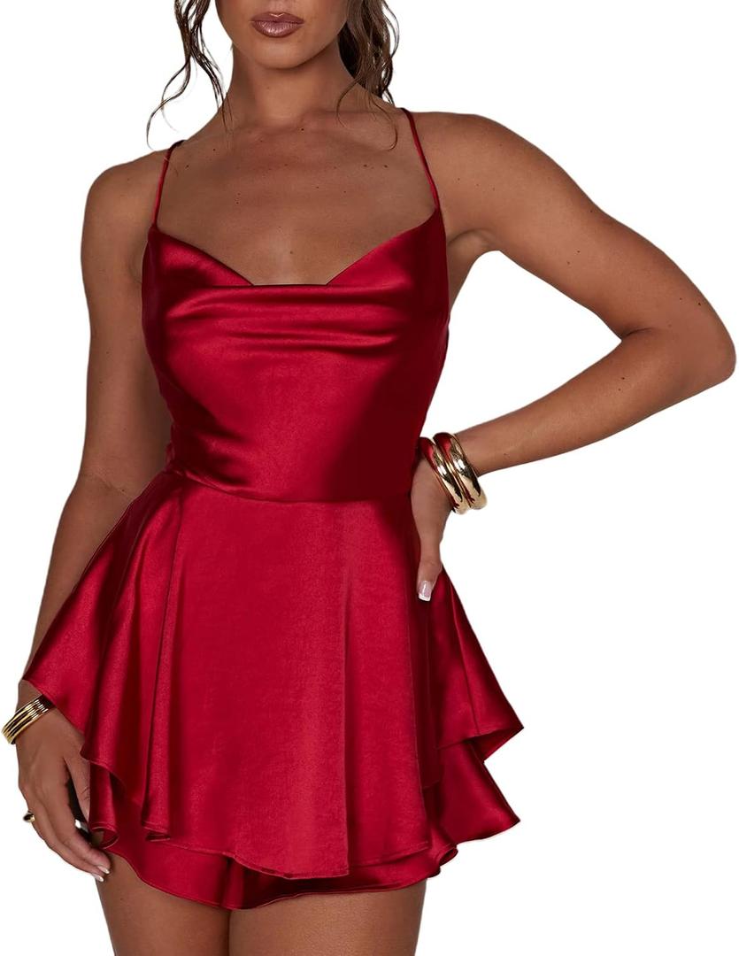 Women's Sexy Backless Short Romper Satin Dress Cowl Neck Tie Ruffle Layer Spaghetti Strap Jumpsuit Beach Mini Dress (Red)