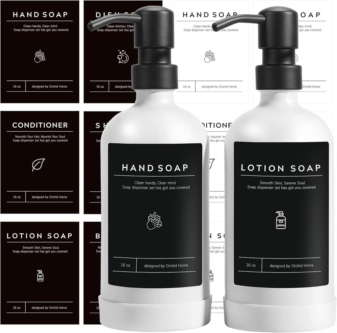 [Upgrade] Soap Dispenser Set, 16 OZ Glass Soap Dispenser with Stainless Steel Pump, 12 Waterproof Labels and Non-Slip Silicone Pad, Great Upgrades to Bathroom and Kitchen (White Bottle + Black Pump)
