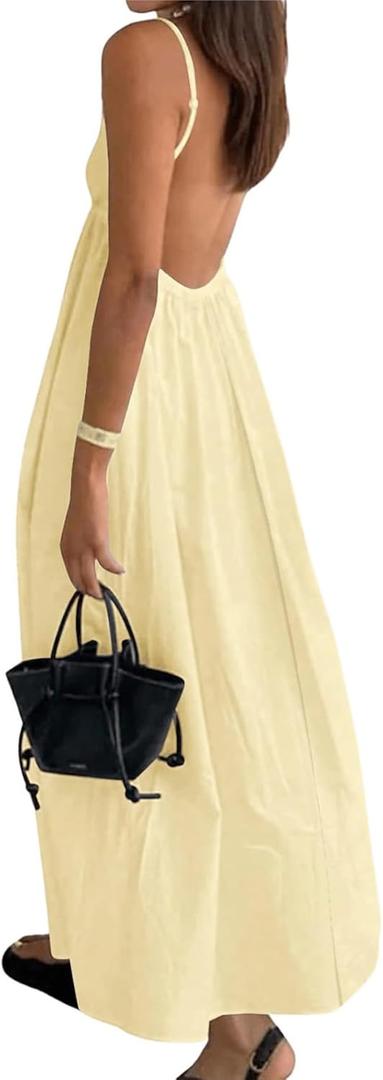 Women's Dress V Neck Backless Spaghetti Strap Maxi Dress for Women Flowy Boho Casual Sundress, XS