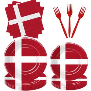 Denmark Flag Theme Tableware, Denmark Party Supplies, Paper Plate, Napkin, Fork, Danish Flag Party Supplies for Constitution Day, National Celebrations, or Themed Events, Serve 24