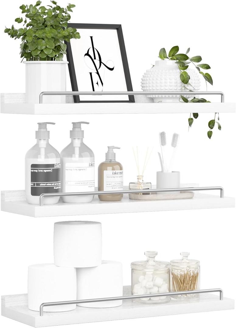RYOFOBETTO Floating Shelves for Wall Decor, White and Grey Shelves for Bathroom, Living Room, Bedroom, Picture Frames, Plants, Kitchen (Set of 3) (16")