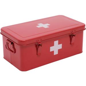 First Aid Medicine Box, First Aid Kit Supplies Bin, Metal Medicine Storage Tin, First Aid Empty Box with Safety Lock for Home Emergency Tool Set-Red