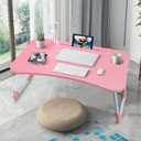 Slendor Lap Desk with Cup Holder, Foldable Laptop Table for Bed, Portable Bed Desk for Laptop and Writing, Computer Tray with Tablet Slot, Notebook Stand Reading Holder for Couch Sofa Floor,Pink