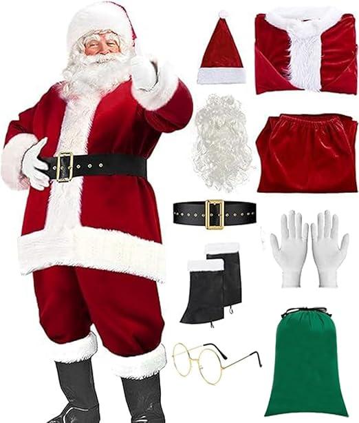 PartyToko Santa Suit Christmas Santa Claus Costume for Men Women Adult Costume Santa 9pc. Outfit XXL SIZE