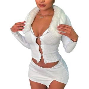 Women Sexy 2 Piece Outfits Rave Tie-up Feather Trim Fur Long Sleeve Cardigan Deep V Blouse (Small, Furry Collar Cardigan Skirt Set-white)