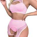 Rave Outfits for Women Festival Fishnet Lingerie Set Booty Shorts 3Pcs Babydoll Cutout Nightwear with Choker (Medium, Pink)