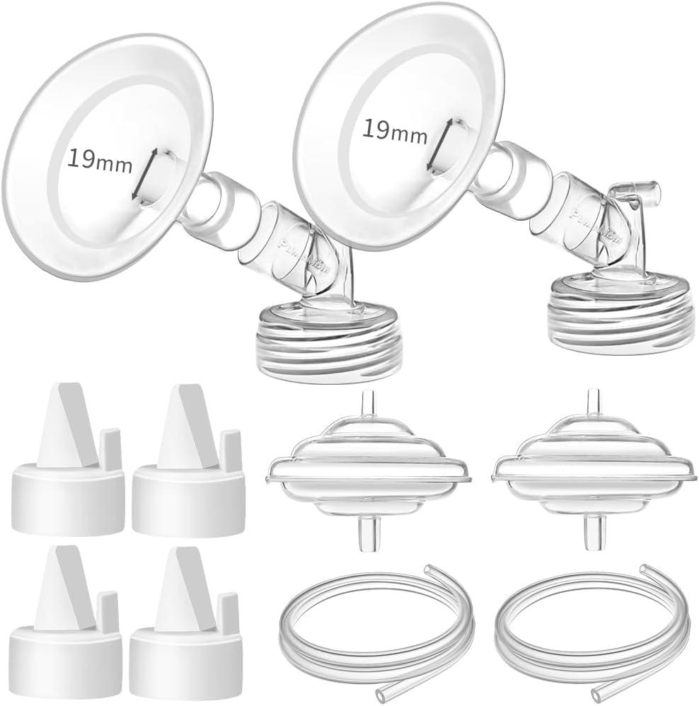 PumpMom-us 19mm Oval Flange Pump Parts for S1 S2 9 Plus Breast Pump, Replacement 19 mm Breast Shield/Duckbill Valves/Backflow Protector/Silicone Tubing