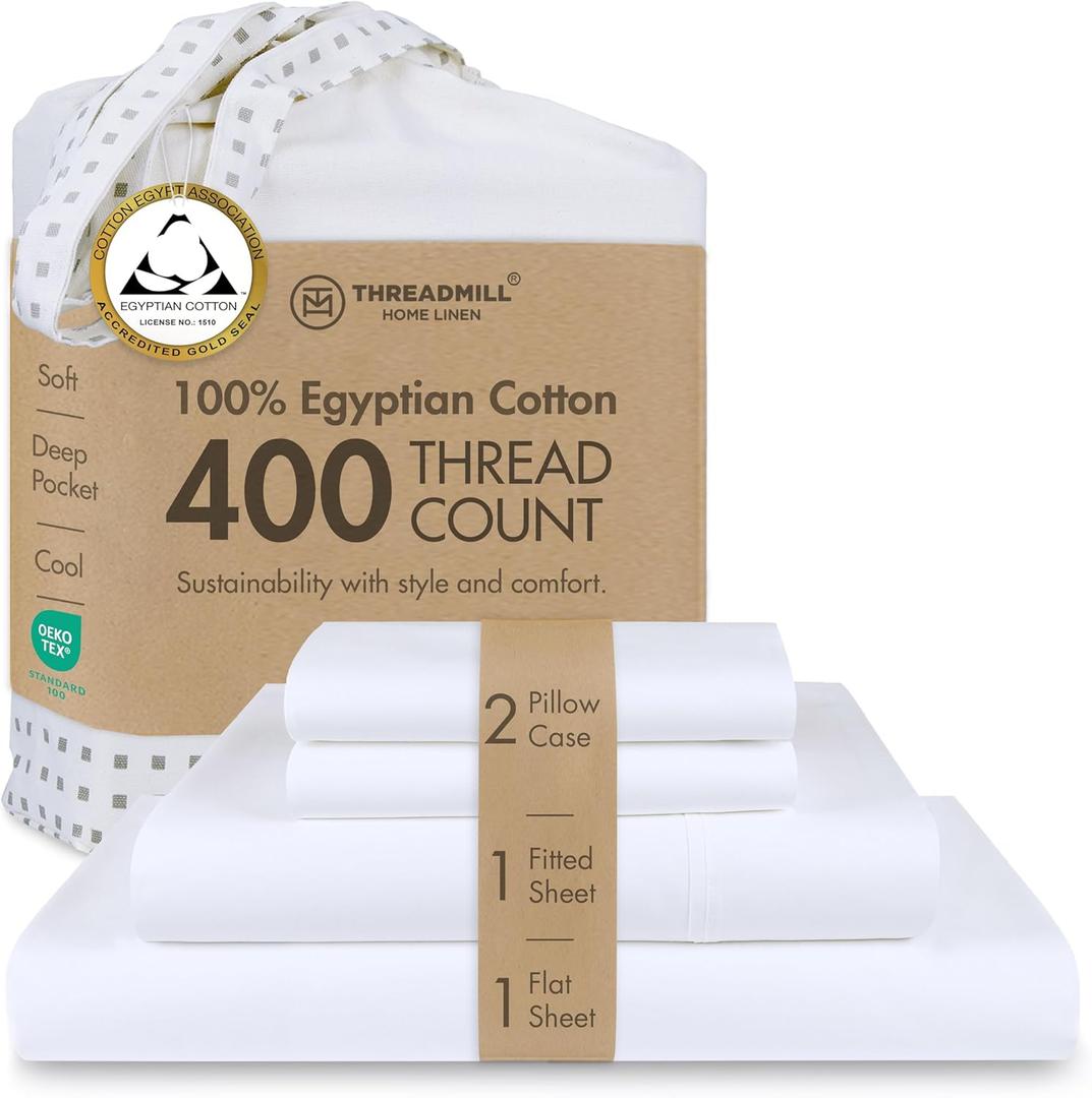 Threadmill Egyptian Cotton Queen Sheet Set | 100% Certified Egyptian Cotton Sheets for Queen Size Bed | Queen Bed Sheets Set with Snug Fit 16" Deep Pocket | Soft Cooling Sateen Bedding Set | White