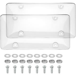 SCUARI 2PCS License Plate Cover,Car Accessories Automotive Unbreakable Front Rear Car Tags,Plastic Protective Shield with Screws Caps,Protective Shield for Front Rear,Fits Standard US License Plates