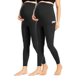 ENERFUL Women's Maternity Leggings Over The Belly with Pockets Pregnancy Pants Active Wear Workout Yoga Tights (Large, Black+black)