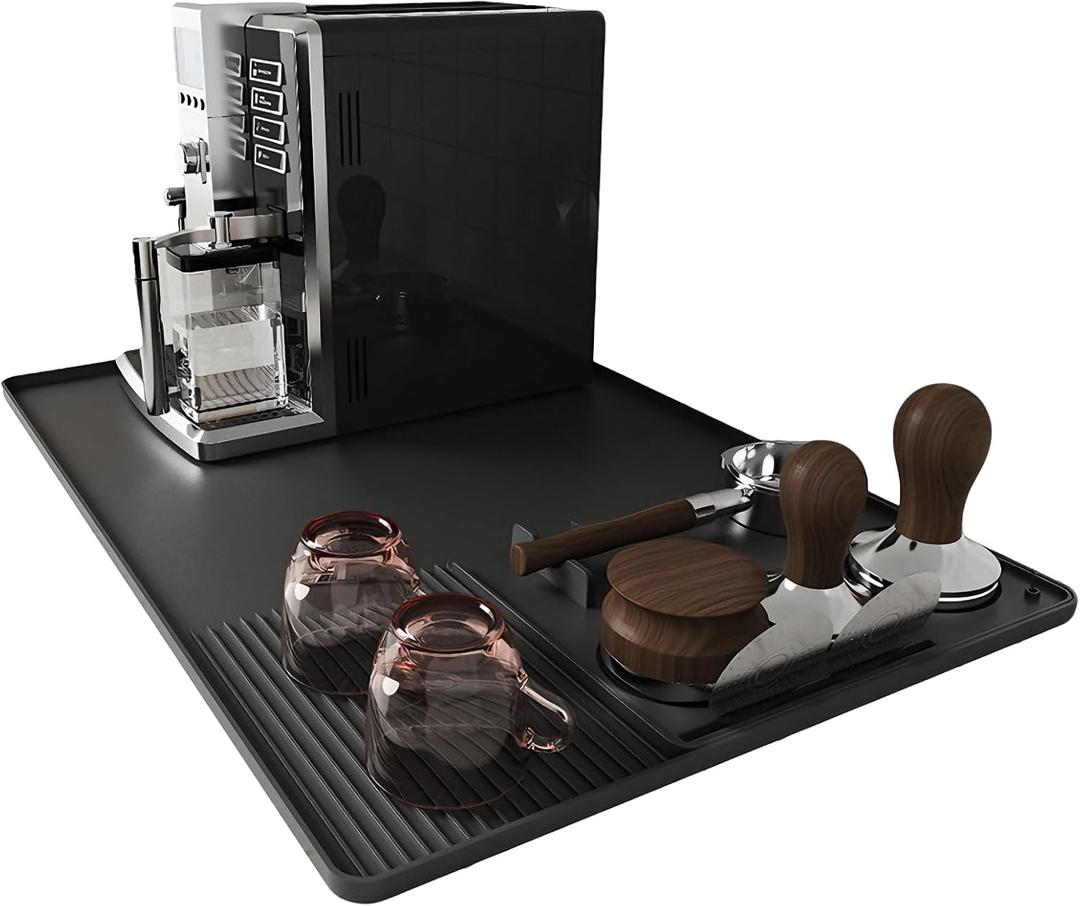Silicone Coffee Mat with Raised Edges, 24' x 16', Bar Mat for Countertops, Anti-Slip, Heat-Resistant Pad for Espresso Machines, Dish Drying Mat, Dinner Plates, Ice Cream Machines (BLACK)