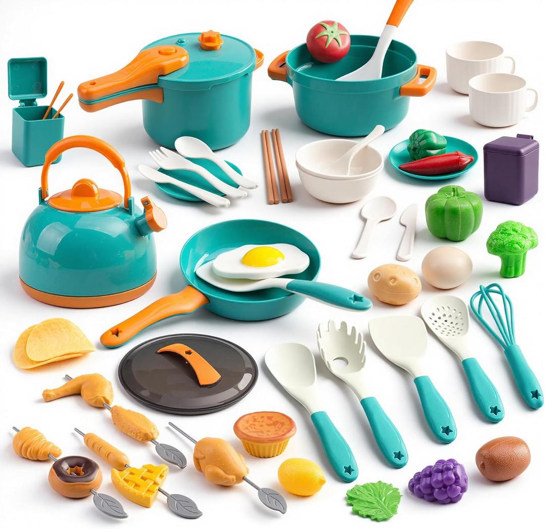 60Pcs Kids Mini Play Kitchen Accessories, Pretend Cooking Play Set with Cookware, Tableware & Fruit & BBQ Sets, Learning Gift for Boys, Girls, Toddlers,Green