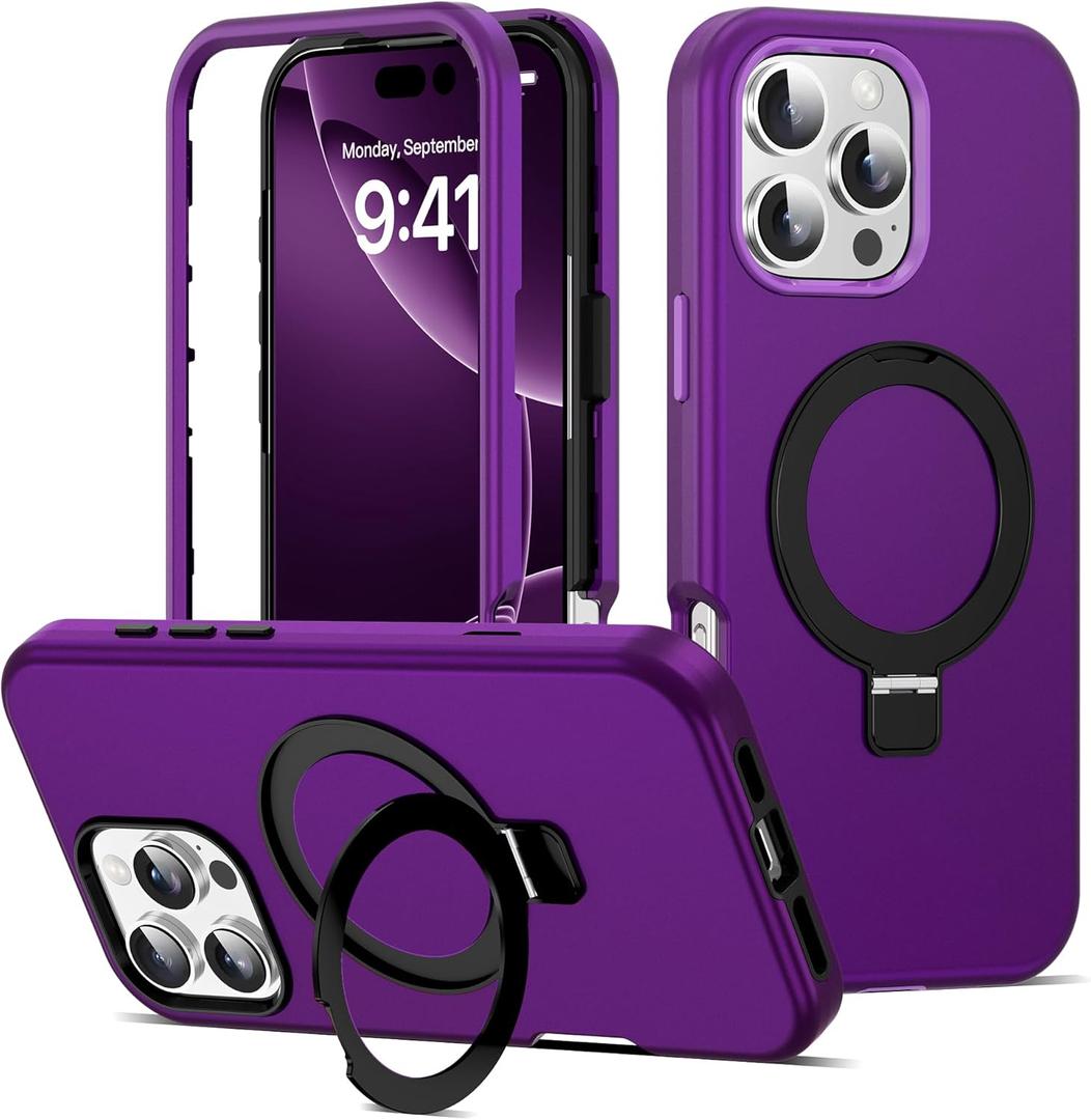 Compatible with iPhone 16 Pro Case 6.3''with Magnetic Ring Stand [Military Drop Protection][Compatible with Mag-Safe] Shockproof 16 Pro Phone Case for Men Women, Purple