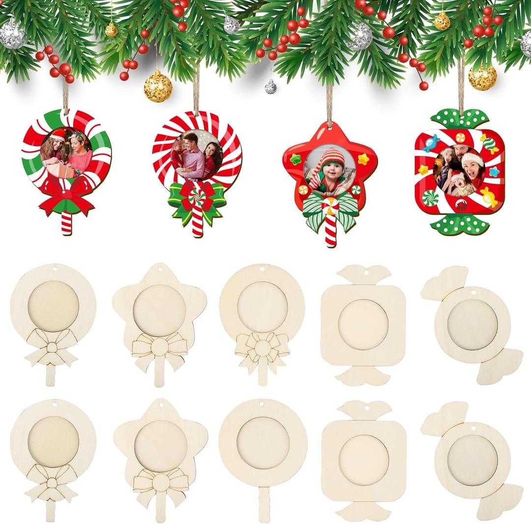 COCHIE Wooden Christmas Photo Ornaments Crafts to Paint for Christmas Tree Decorations, Color Your Own Xmas Picture Frame Hanging Ornament Craft for Painting Set of 10 (Peppermint Lollipops)